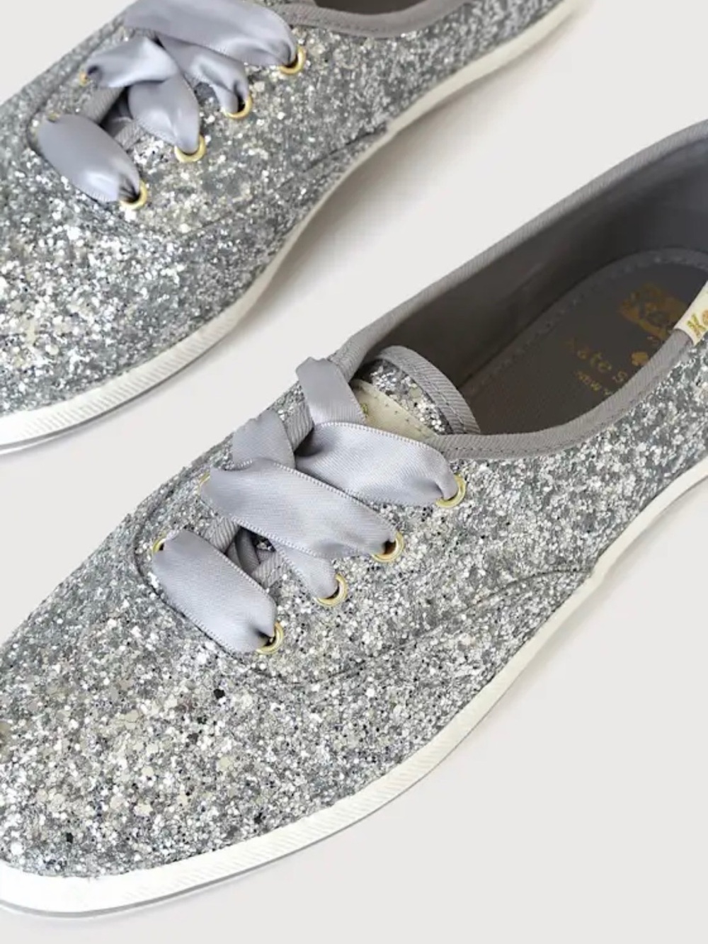 Keds x Kate Spade Champion Silver Glitter Satin Ribbon Lace Sneakers Size 6